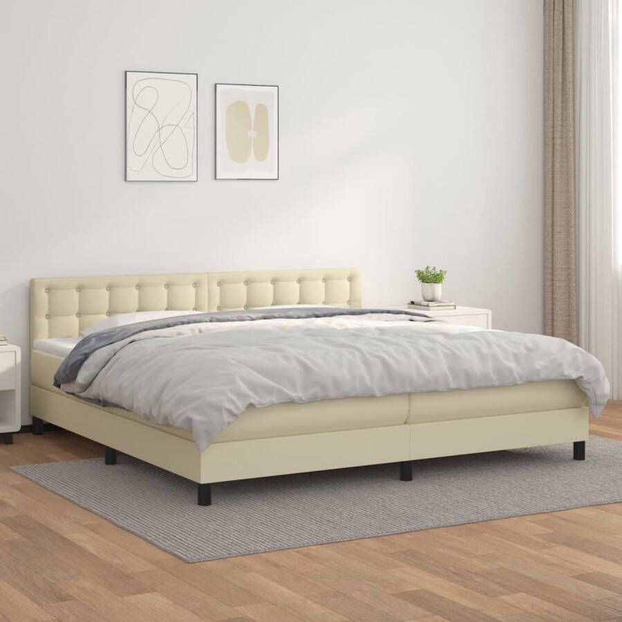 The Living Store Boxspringbed Comfortabele kunstleren bedset Pocketvering matras Middelharde ondersteuning Huidvriendelijk topmatras Crème 203x200x78 88 cm