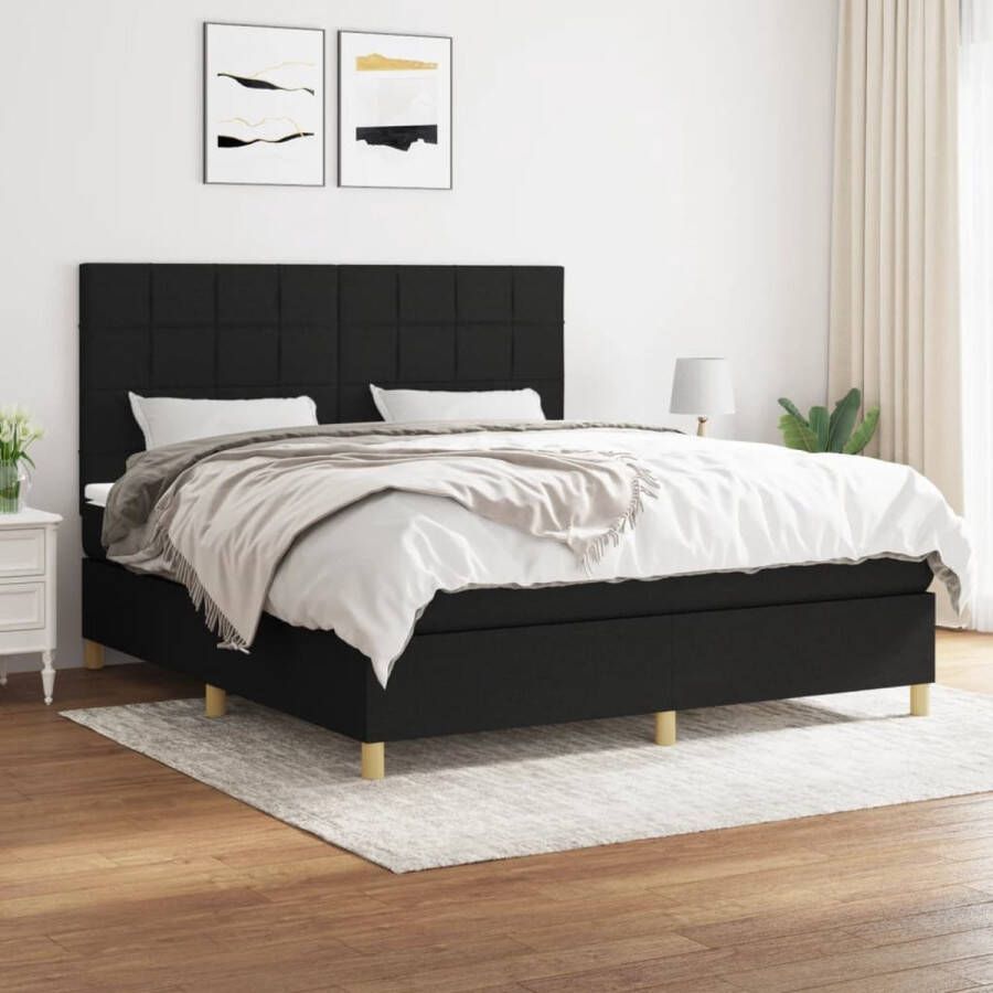 The Living Store Boxspringbed Comfortabele ondersteuning 160 x 200 x 118 128cm Pocketvering matras Middelharde ondersteuning Huidvriendelijk topmatras Zwart Boxspringbed Slaapcomfort Pocketveermatras Zwarte Boxspring Hoofdboard