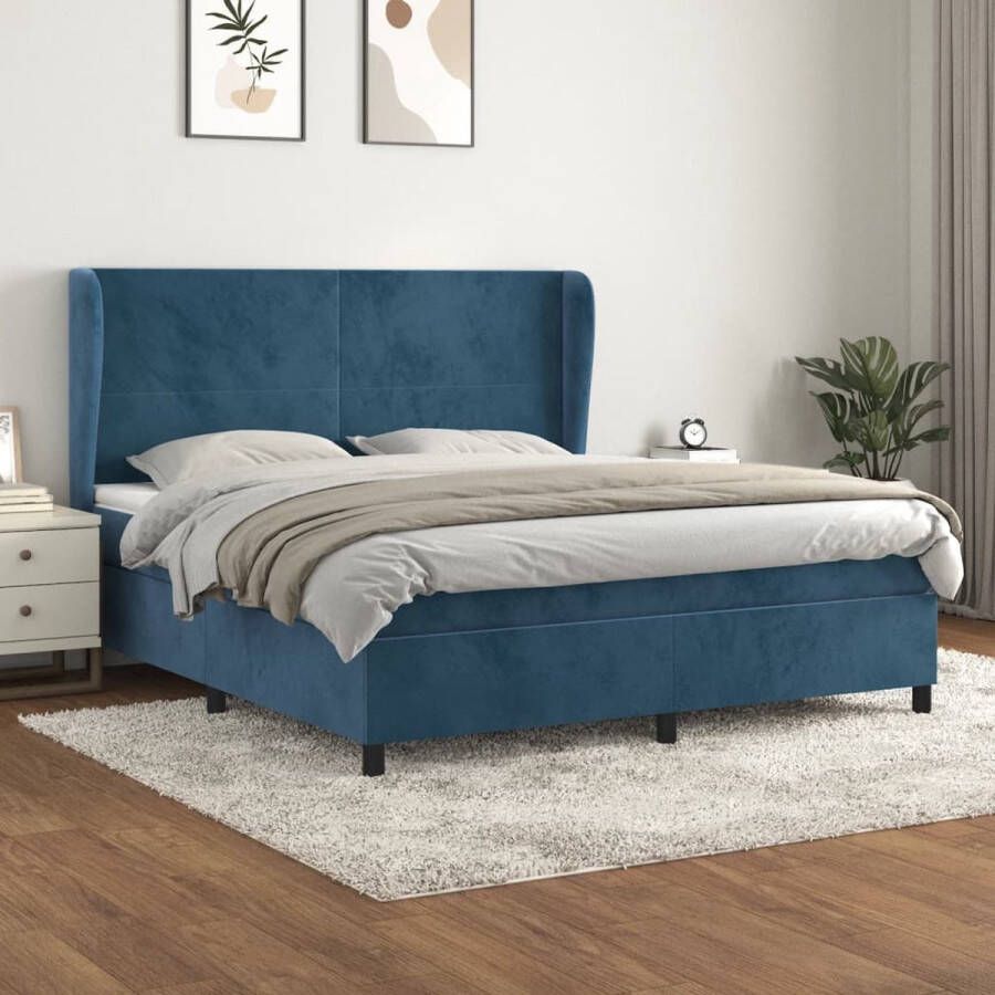 The Living Store Boxspringbed Comfortabele Ondersteuning Fluweel Pocketvering Middelharde Ondersteuning Huidvriendelijk 203 x 163 x 118 128 cm Donkerblauw Boxspringbed Velvet Bed Tweepersoonsbed Donkere Kleuren Stapelbare Bed - Foto 2