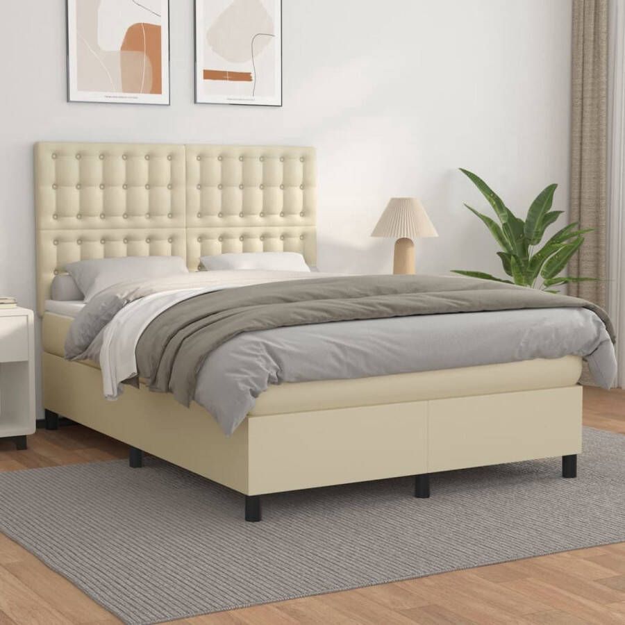The Living Store Boxspring met matras kunstleer crèmekleurig 140x200 cm Boxspring Boxsprings Bed Slaapmeubel Boxspringbed Boxspring Bed Tweepersoonsbed Bed Met Matras Bedframe Ledikant Bed Met Hoofdbord