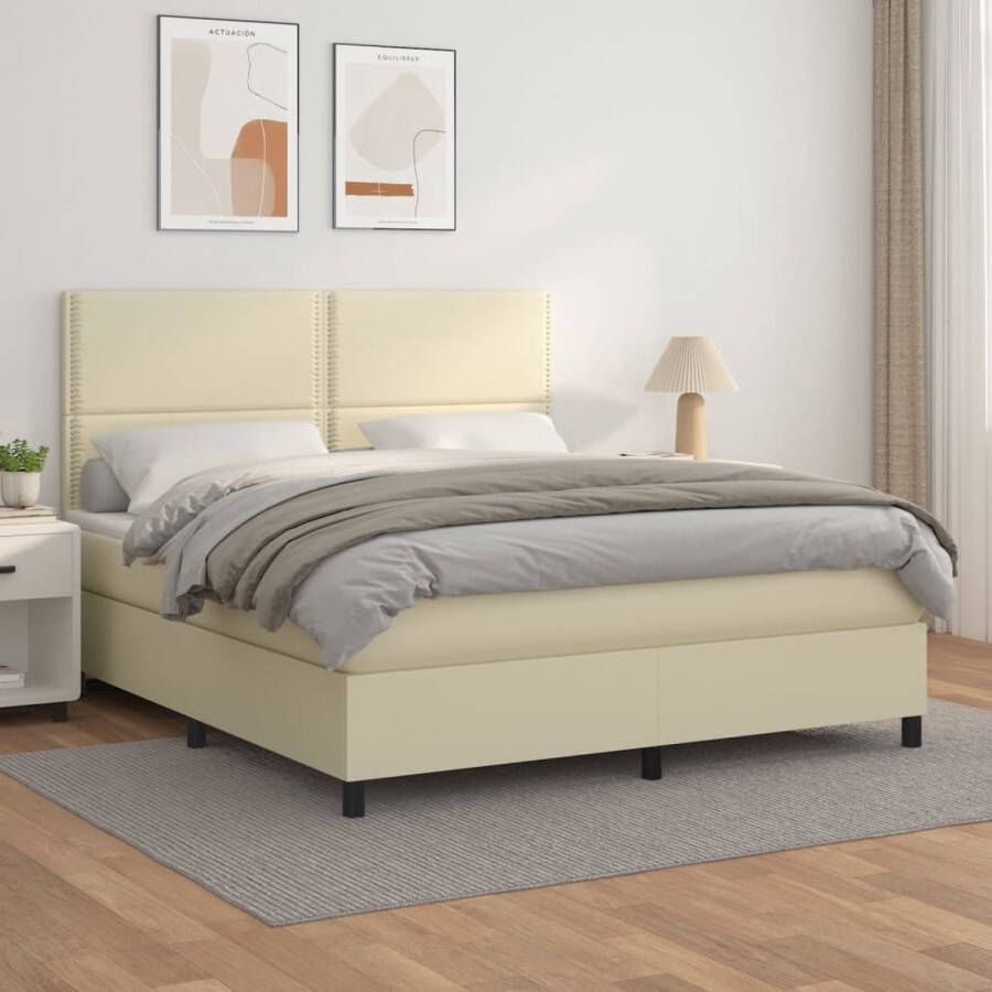 The Living Store Boxspringbed Crème Kunstleer 203x160x118 128 cm Met verstelbaar hoofdbord Pocketvering matras Middelharde ondersteuning Huidvriendelijk topmatras