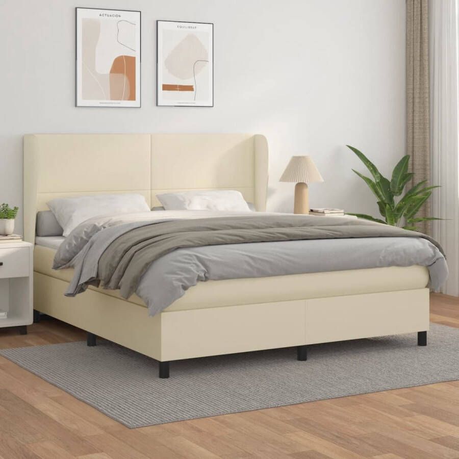 The Living Store Boxspringbed Crème Kunstleren Bed 203 x 183 x 118 128 cm Pocketvering Matras Middelharde Ondersteuning Huidvriendelijk Topmatras