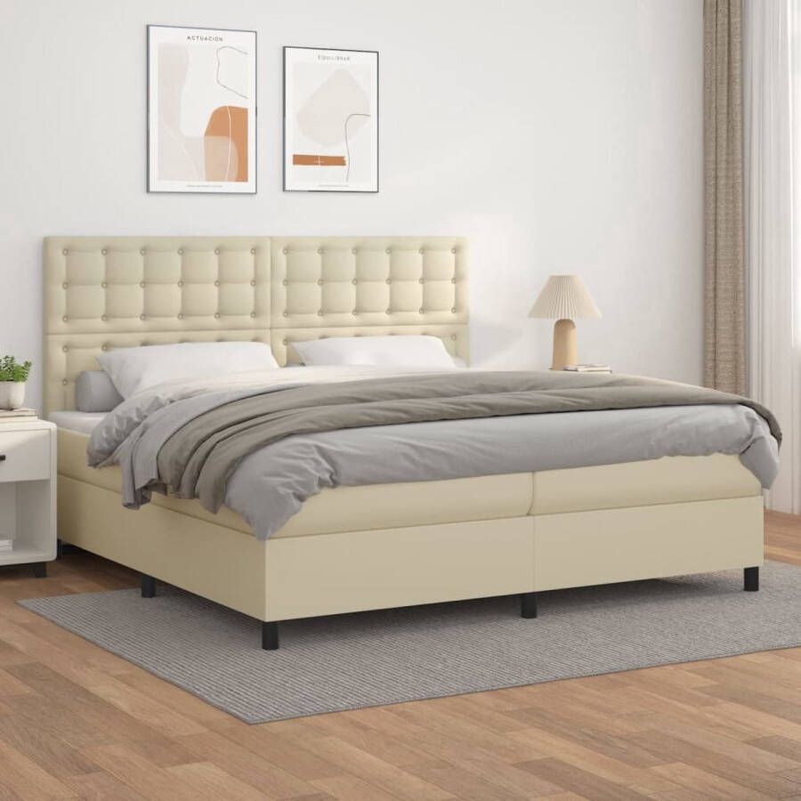 The Living Store Boxspringbed Crème Kunstleren Bedframe Pocketveringmatras Huidvriendelijke Topmatras 203x200x118 128cm