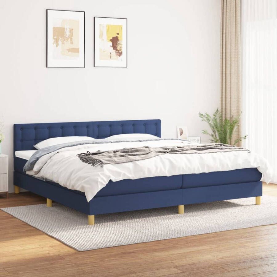 The Living Store Boxspringbed Deluxe bed 203 x 200 cm blauw stof Inclusief verstelbaar hoofdbord pocketvering matras medium ondersteuning en huidvriendelijk topmatras