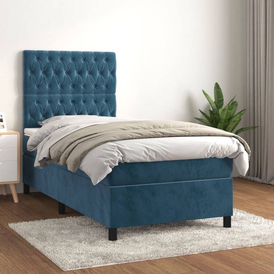 The Living Store Boxspringbed Bed 203x100x78 88 cm Donkerblauw Fluweel Hoofdbord Pocketvering matras Middelharde ondersteuning Huidvriendelijk topmatras - Foto 4