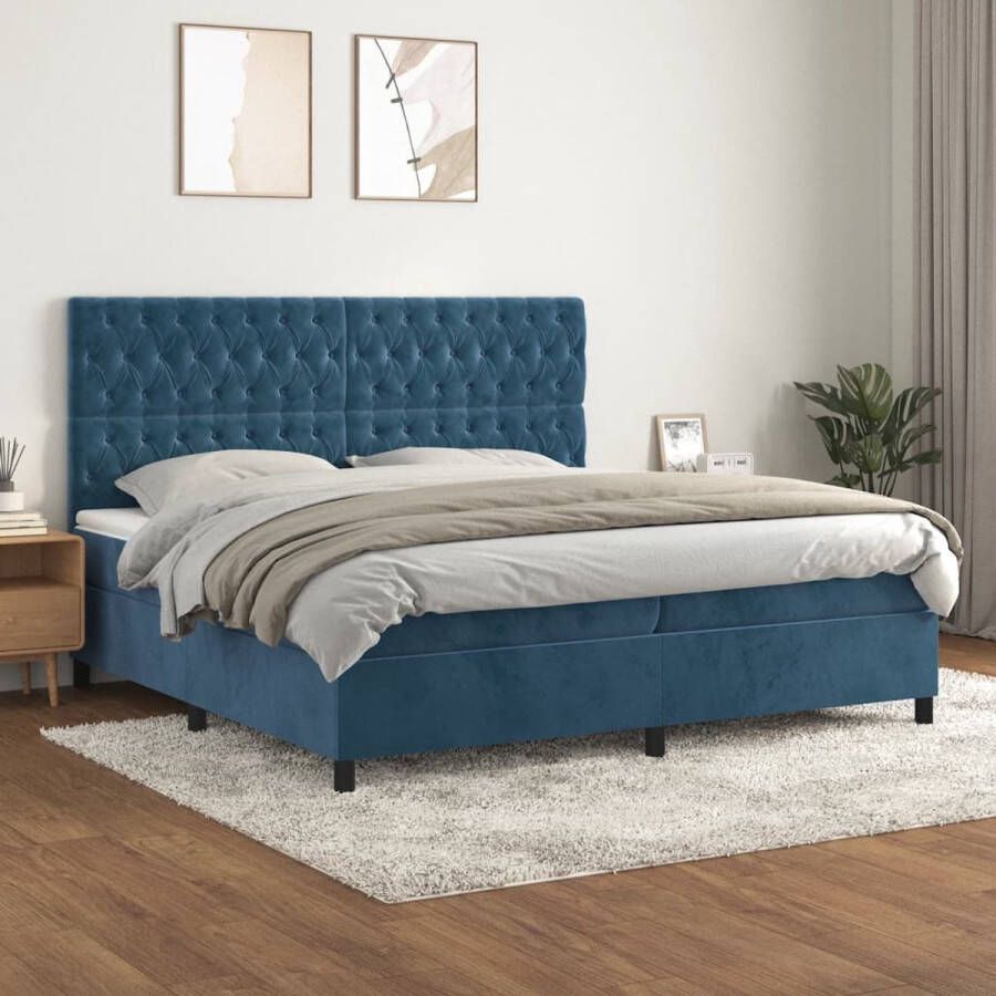 The Living Store Boxspringbed Donkerblauw 203x200x118 128 cm Fluweel Pocketvering Middelharde ondersteuning Huidvriendelijk