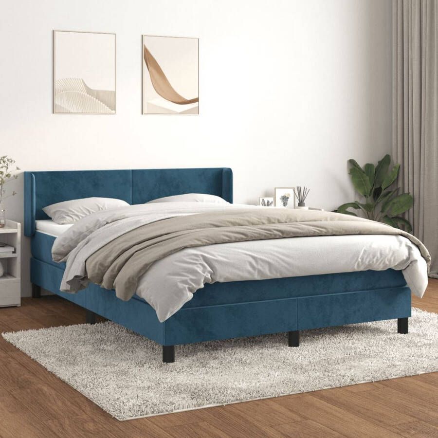 The Living Store Boxspringbed donkerblauw fluweel 140 x 190 cm pocketvering matras middelharde ondersteuning huidvriendelijk topmatras