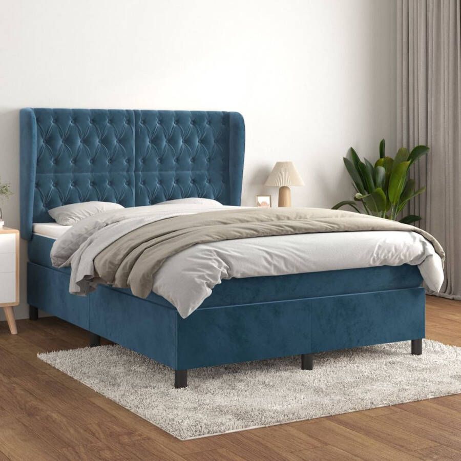 The Living Store Boxspringbed donkerblauw fluweel 193 x 147 x 118 128 cm pocketvering matras middelharde ondersteuning huidvriendelijk topmatras