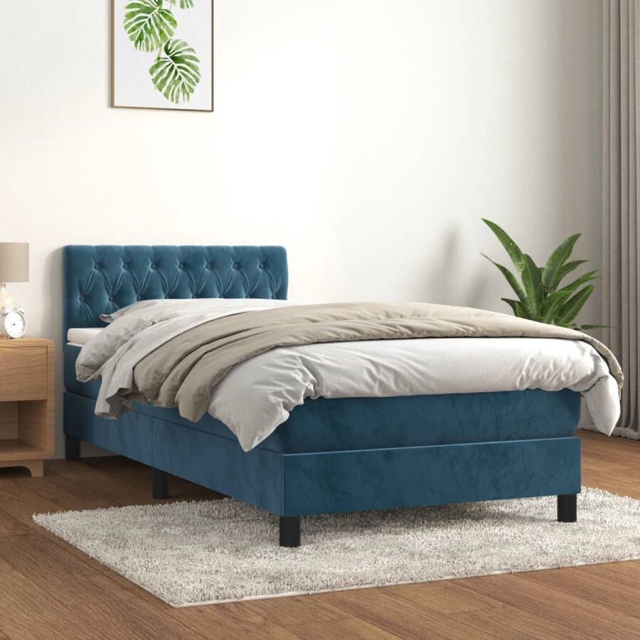 The Living Store Boxspringbed Donkerblauw fluweel 193x90x78 88 cm Pocketvering matras Middelharde ondersteuning Huidvriendelijk topmatras