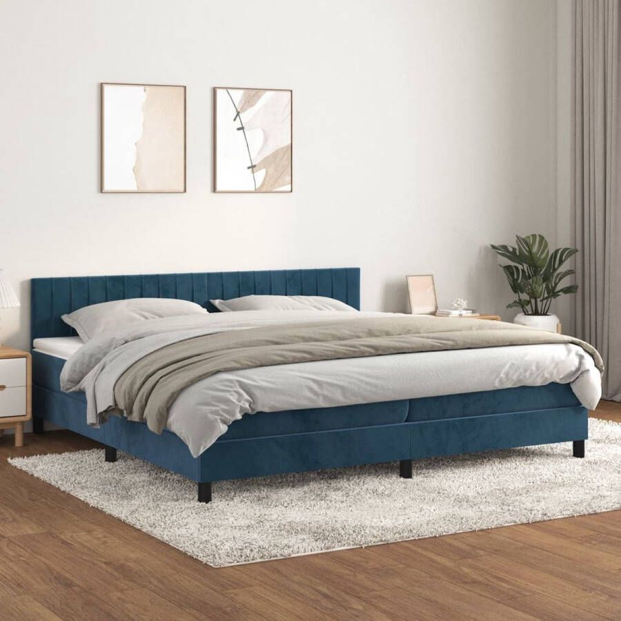 The Living Store Boxspringbed Donkerblauw fluweel 203 x 200 x 78 88 cm Pocketvering matras Middelharde ondersteuning Huidvriendelijk topmatras Boxspring Donkere Kleuren Velvet Bed Tweepersoonsbed Boxspring Frame
