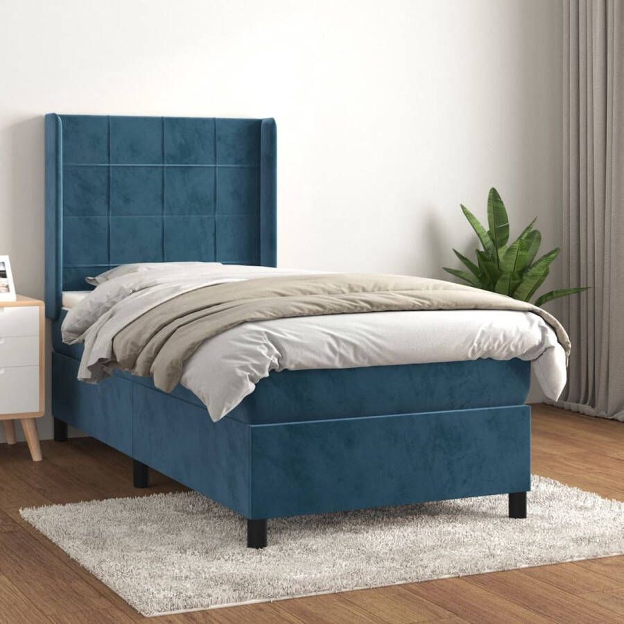 The Living Store Boxspringbed Donkerblauw fluweel 203 x 93 x 118 128 cm Pocketvering matras Middelharde ondersteuning Huidvriendelijk topmatras Boxspringbed Donkere Kleuren Velvet Bed Tweepersoonsbed Pocketveer Matras - Foto 2