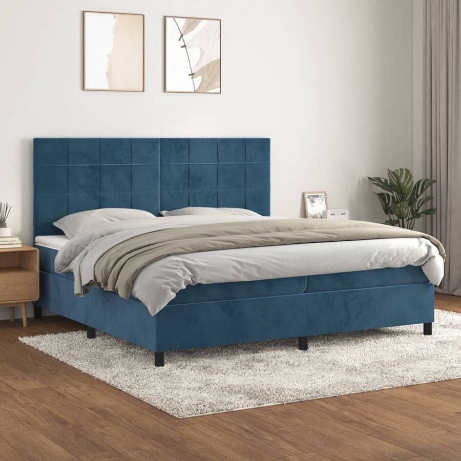 The Living Store Boxspringbed Donkerblauw Fluweel 203 x 200 x 118 128 cm Pocketvering Matras Middelharde Ondersteuning Huidvriendelijk Topmatras Boxspringbed Donkere Kleuren Velvet Bed Tweepersoonsbed Pocketveer Matras