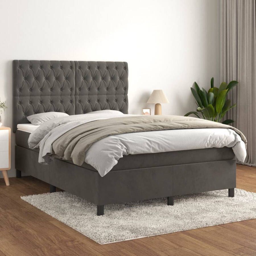 The Living Store Boxspringbed Donkergrijs 193x144x118 128 cm Zacht fluweel Boxspringbed Donkere Kleuren Velvet Meubilair Slaapcomfort Tweepersoonsbed - Foto 2