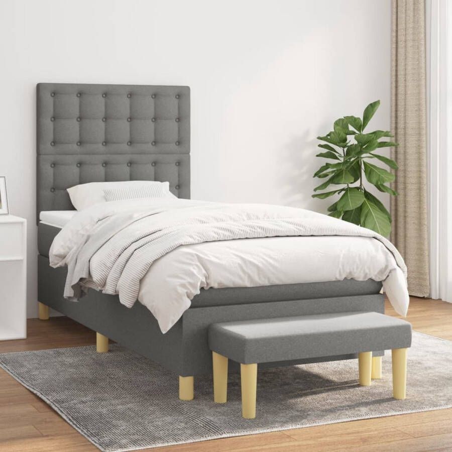 The Living Store Boxspring met matras stof donkergrijs 100x200 cm Boxspringbed Donkere Kleuren Tweepersoonsbed Pocketed Veren Matras Adjustable Headboard