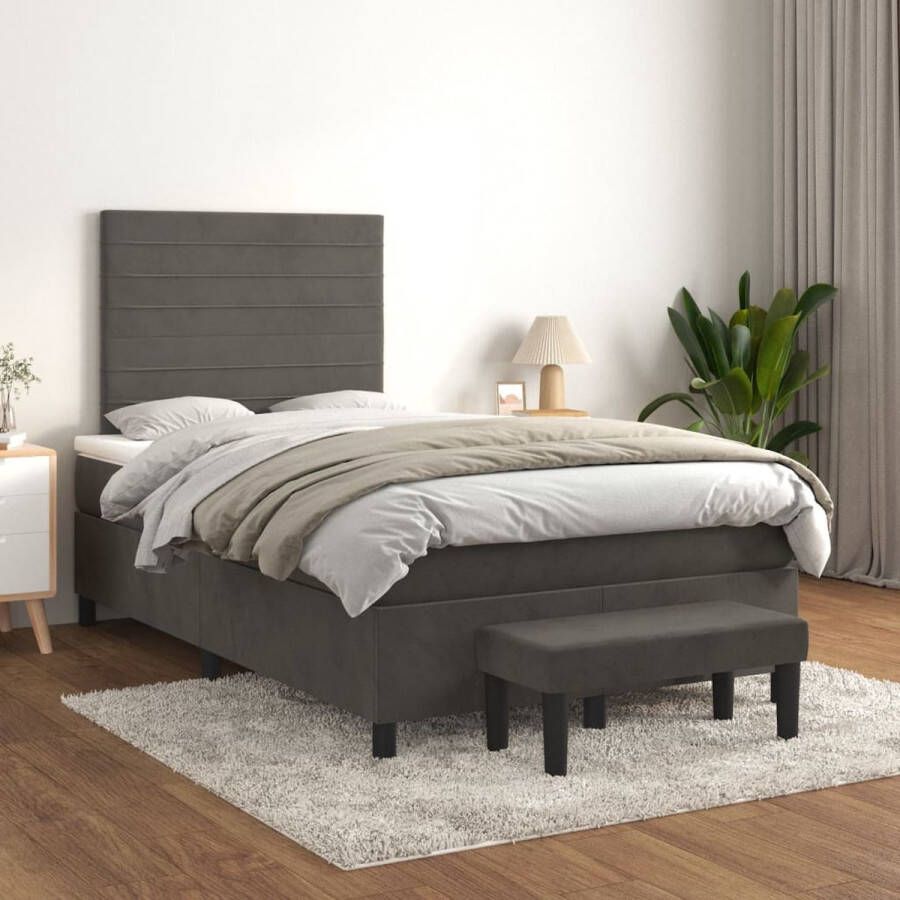 The Living Store Boxspringbed Donkergrijs 203 x 120 x 118 128 cm Fluweel Verstelbaar hoofdbord Pocketvering matras Middelharde ondersteuning Huidvriendelijk topmatras Multifunctioneel bankje