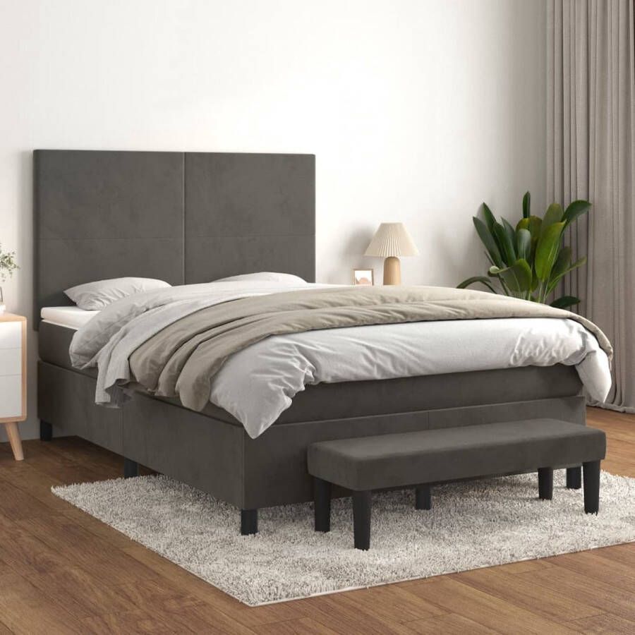 The Living Store Boxspringbed donkergrijs 203 x 144 x 118 128 cm fluweel verstelbaar hoofdbord pocketvering matras middelharde ondersteuning huidvriendelijk topmatras multifunctioneel bankje