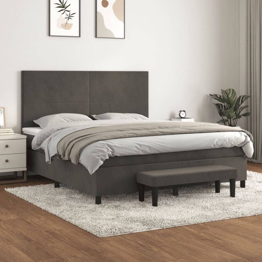 The Living Store Boxspringbed Donkergrijs 203 x 160 x 118 128 cm Fluweel Verstelbaar hoofdbord Pocketvering Middelharde ondersteuning Huidvriendelijk topmatras Multifunctioneel bankje