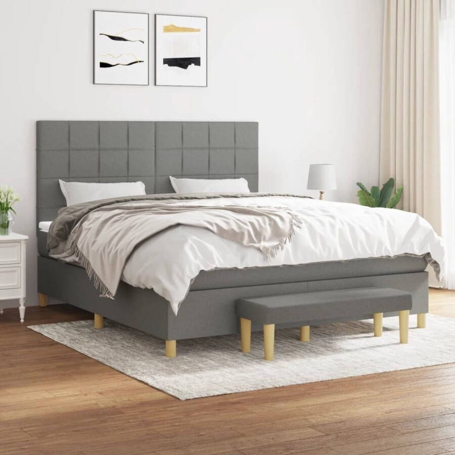 The Living Store Boxspringbed Donkergrijs 203 x 180 x 118 128 cm Verstelbaar hoofdbord Pocketvering matras Middelharde ondersteuning Huidvriendelijk topmatras Multifunctioneel bankje