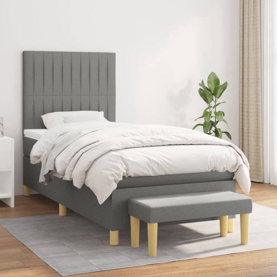 The Living Store Boxspringbed Donkergrijs 203x100x118 128 Pocketvering Middelharde ondersteuning Huidvriendelijk topmatras Multifunctioneel bankje Boxspringbed Donkere Kleuren Tweepersoonsbed Pocketveermatras Middenhard
