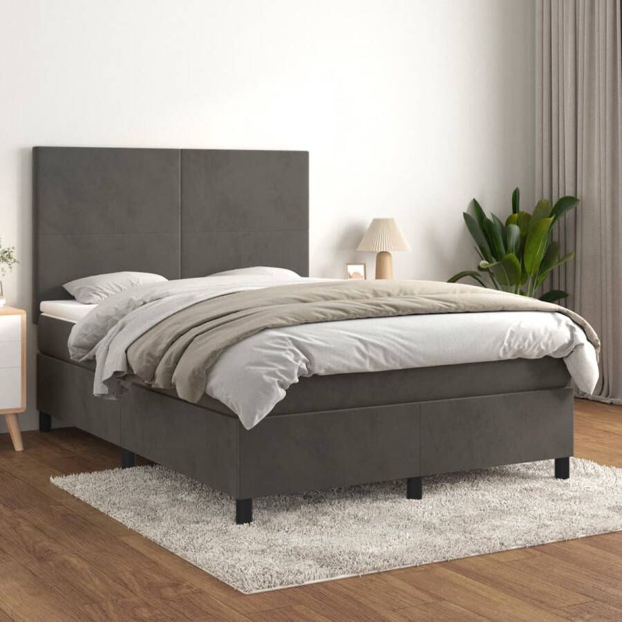 The Living Store Boxspringbed Donkergrijs Fluweel 140x200cm Middelharde ondersteuning Boxspringbed Donkere Kleuren Velvet Tweepersoonsbed Hoofdbord - Foto 2