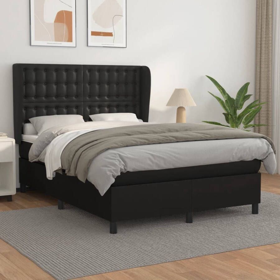 The Living Store Boxspringbed Dream Zwart Kunstleren Bedframe 193x147x118 128 cm Pocketvering matras 140x190x20 cm Huidvriendelijk topmatras 140x190x5 cm