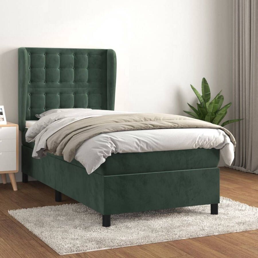 The Living Store Boxspring met matras fluweel donkergroen 100x200 cm Boxspringbed Fluweel Bed Donkergroen Bed Tweepersoons Bed Slaapcomfort
