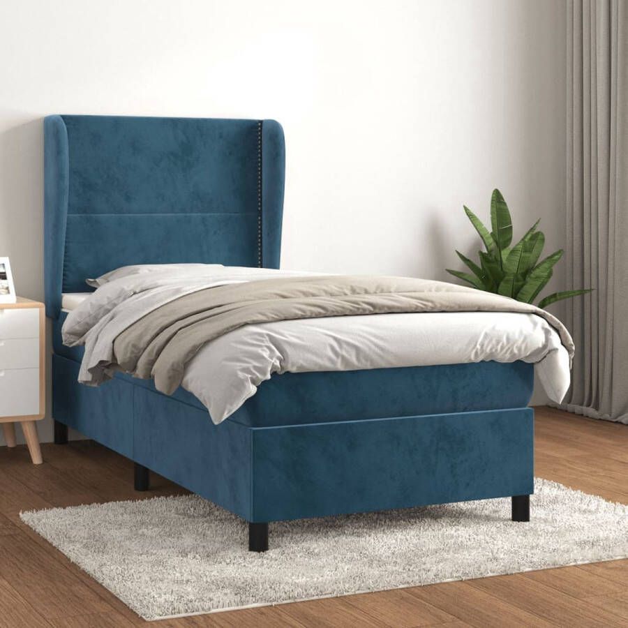 The Living Store Boxspringbed Fluweel 100x200x118 128 cm Pocketvering Middelharde ondersteuning Huidvriendelijk Boxspringbed Fluweel Bed Boxspring Blauw Tweepersoons Bed Pocketed Spring Mattress