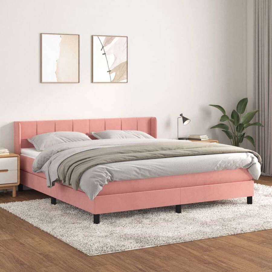 The Living Store Boxspring met matras fluweel roze 160x200 cm Boxspring Fluweel Bed Rooskleurig Bed Tweepersoons Bed Boxspring Frame