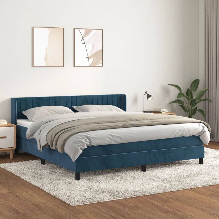 The Living Store Boxspringbed Fluweel 160x200 Donkerblauw Pocketvering Middelharde ondersteuning Boxspringbed Fluweel Bed Donkere Kleuren Tweepersoonsbed Boxspring - Foto 2