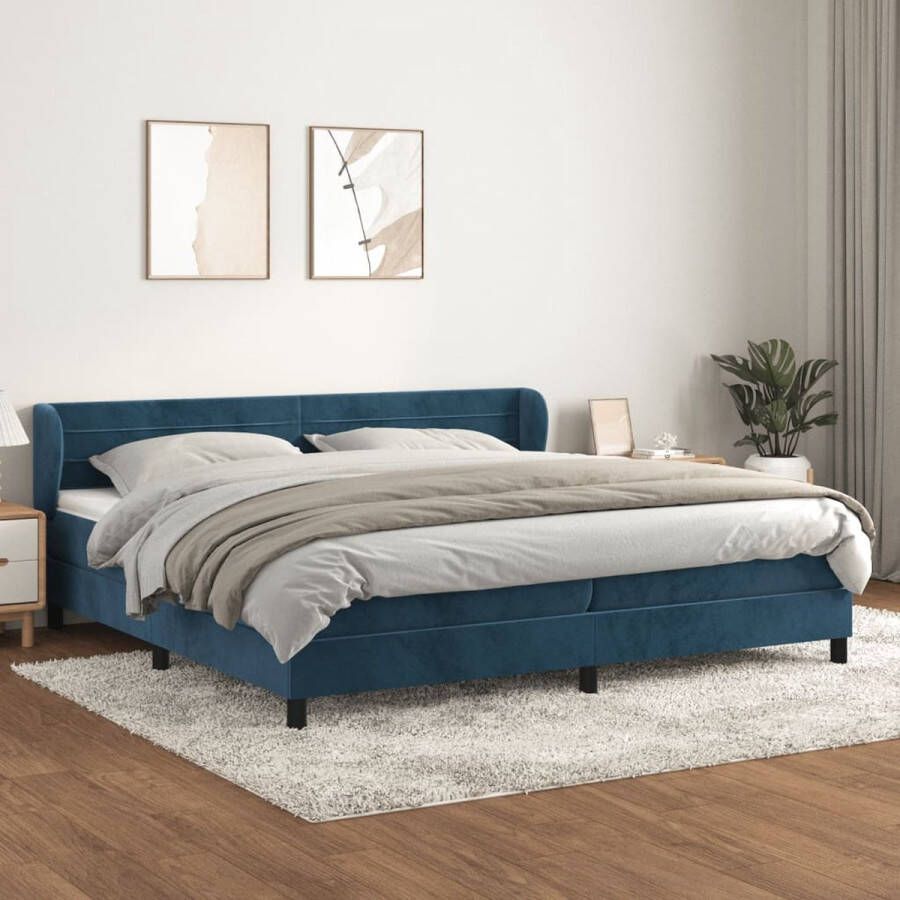 The Living Store Boxspringbed Fluweel Bedframe 203x203x78 88cm Pocketvering Matras 100x200x20cm Topmatras 200x200x5cm- donkerblauw