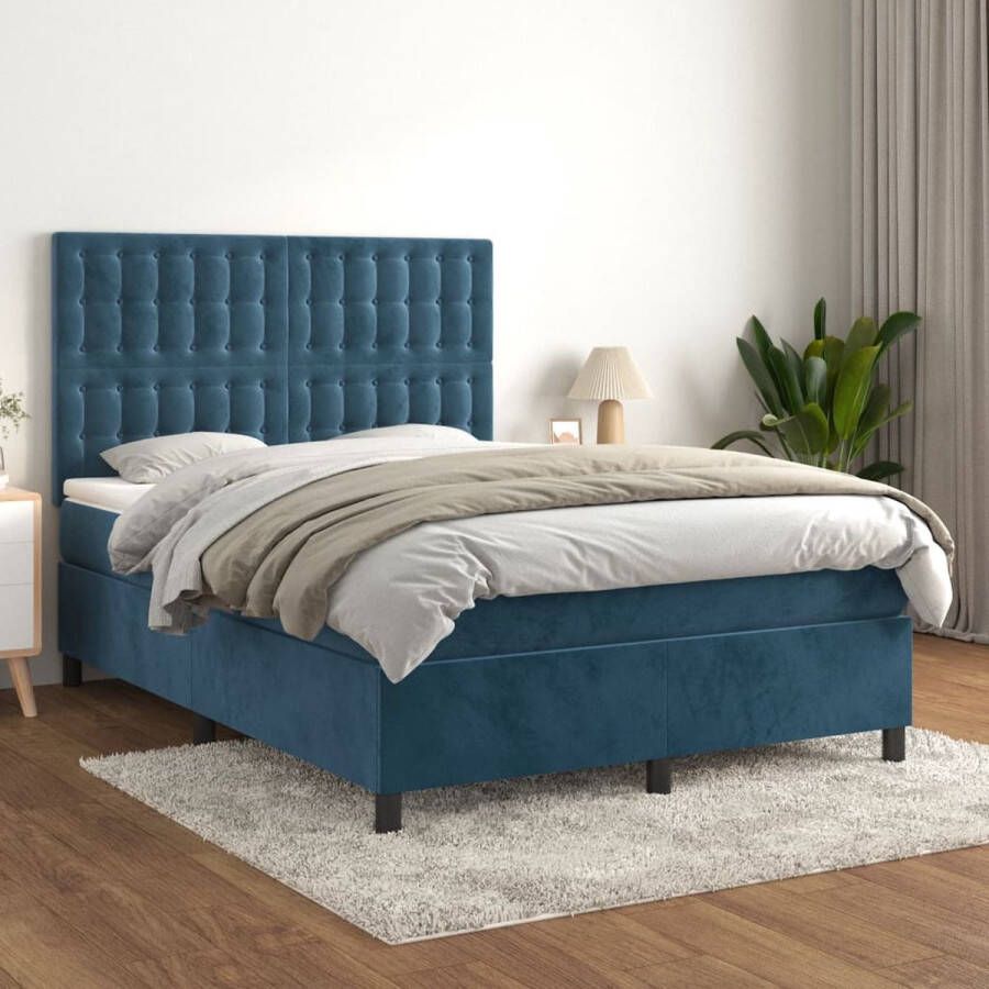 The Living Store Boxspringbed Fluweel Donkerblauw 140 x 190 x 118 128 cm Pocketvering Middelharde ondersteuning Huidvriendelijk Inclusief matras en topmatras