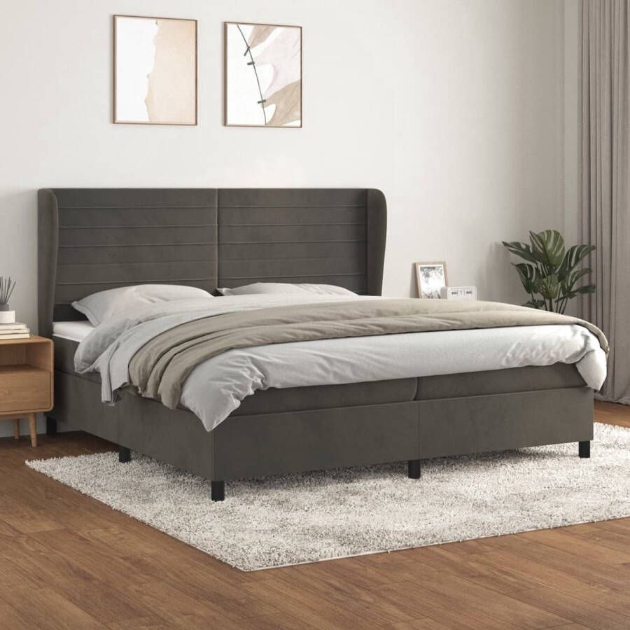 The Living Store Boxspringbed Fluweel Donkergrijs 203 x 203 x 118 128 cm Pocketvering matras Middelharde ondersteuning Huidvriendelijk topmatras Boxspring Boxspringbed Velvet Bed Donkere Kleuren Tweepersoonsbed