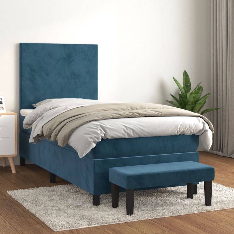 The Living Store Boxspringbed Fluweel Pocketvering Middelhard Huidvriendelijk Donkerblauw 203x90x118 128cm 90x200x20cm 90x200x5cm 70x30x30cm Boxspringbed Donkere Kleuren Velvet Tweepersoonsbed Pocketvering - Foto 2