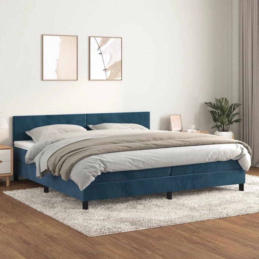 The Living Store Boxspringbed Fluweel Pocketvering Middelharde ondersteuning Donkerblauw 203x200x78 88 cm 2 matrassen 1 topmatras