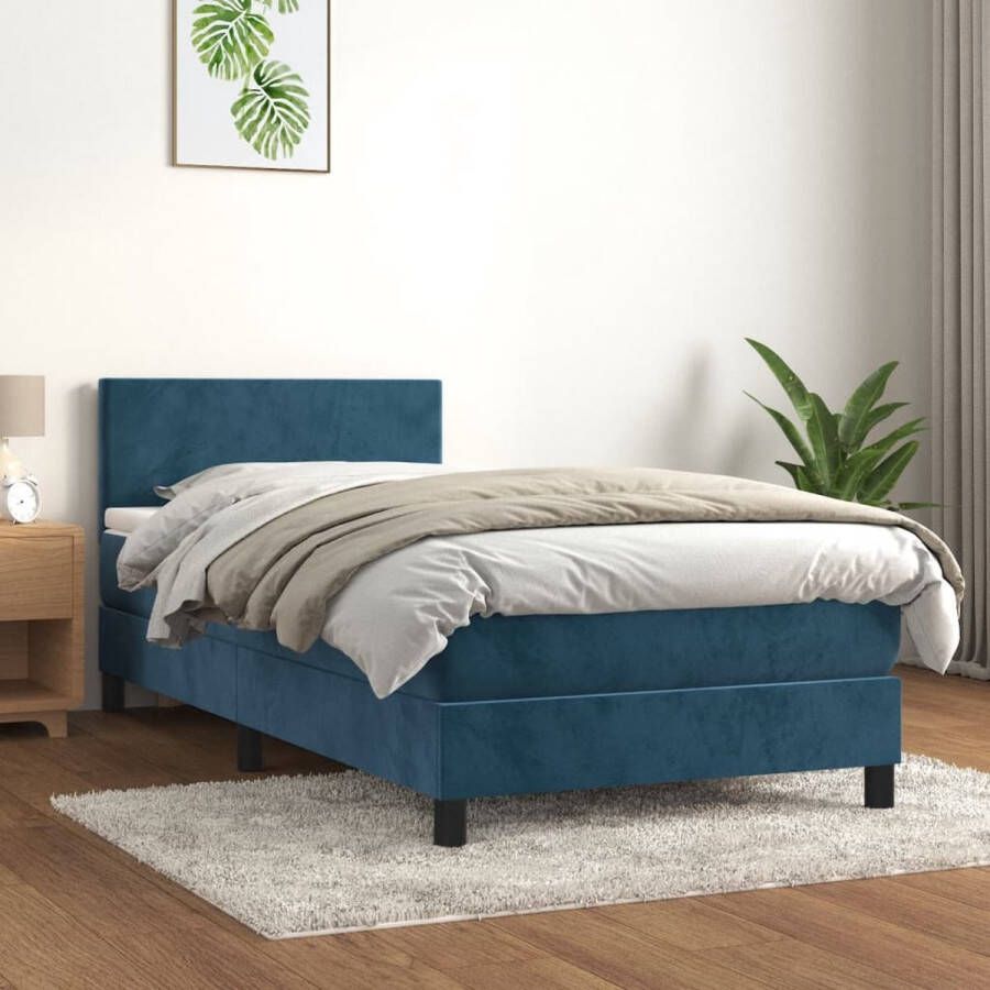 The Living Store Boxspringbed Fluweel Pocketvering Middelharde ondersteuning Huidvriendelijk Donkerblauw 193x90x78 88cm Inclusief matras en topmatras