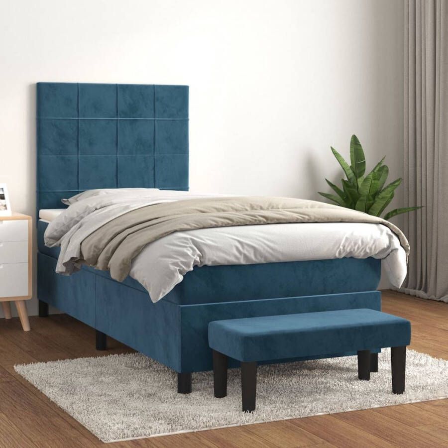 The Living Store Boxspringbed Fluweel Pocketvering Middelharde Ondersteuning Huidvriendelijk Donkerblauw 203x100x118 128cm Inclusief Matras Topmatras Multifunctioneel Bankje