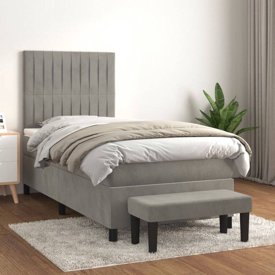 The Living Store Boxspringbed fluweel pocketvering middelharde ondersteuning huidvriendelijk lichtgrijs 203x83x118 128 cm inclusief matras topmatras en bankje