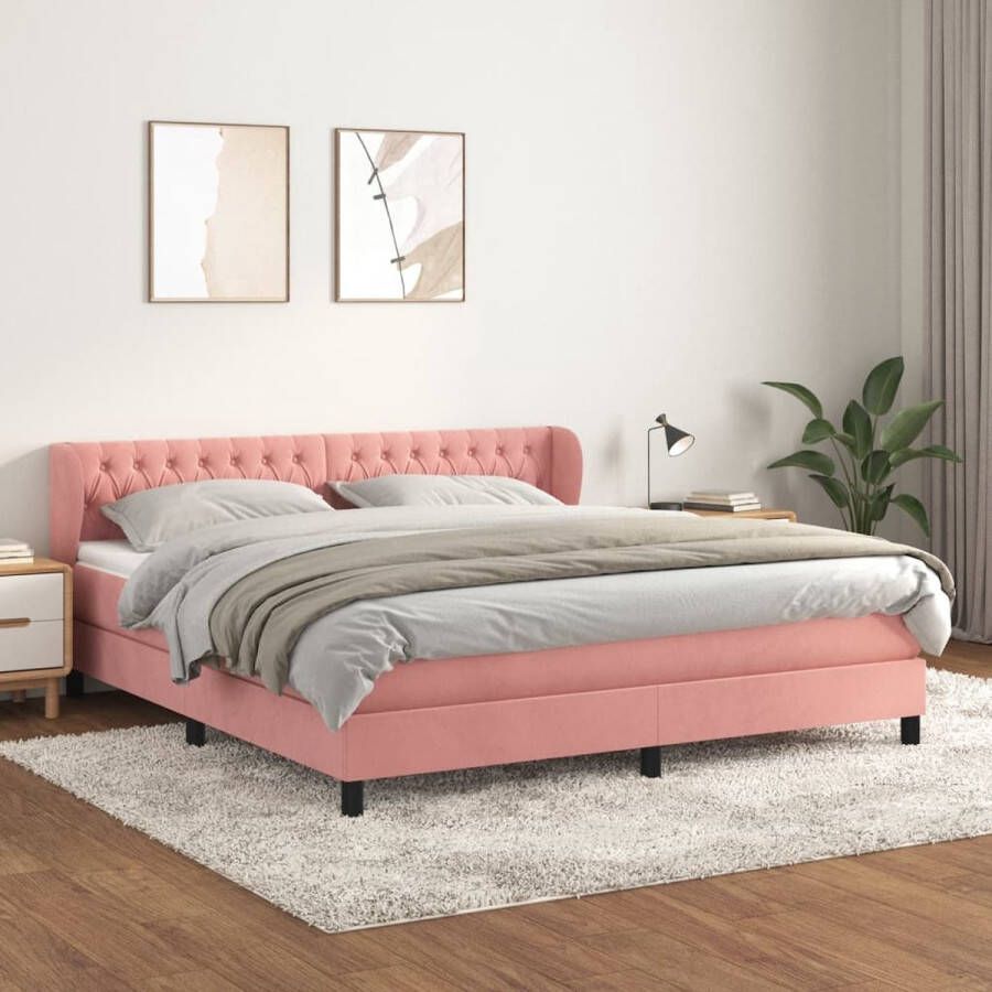 The Living Store Boxspringbed Fluweel Pocketvering Middelharde ondersteuning Huidvriendelijk Roze 203x183x78 88 cm 180x200x20 cm bedmatras 180x200x5 cm topmatras - Foto 2