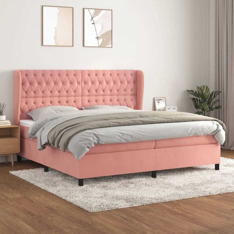 The Living Store Boxspringbed Fluweel Pocketvering Middelharde ondersteuning Huidvriendelijk Roze 203x203x118 128 cm Met hoofdbord Inclusief 2 matrassen en 1 topmatras