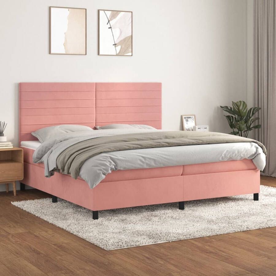The Living Store Boxspringbed Fluweel Pocketvering Middelharde ondersteuning Huidvriendelijk Roze 203x200x118 128 cm Boxspringbed Fluweel Bed Velvet Bed Rooskleurig Bed King Size Bed