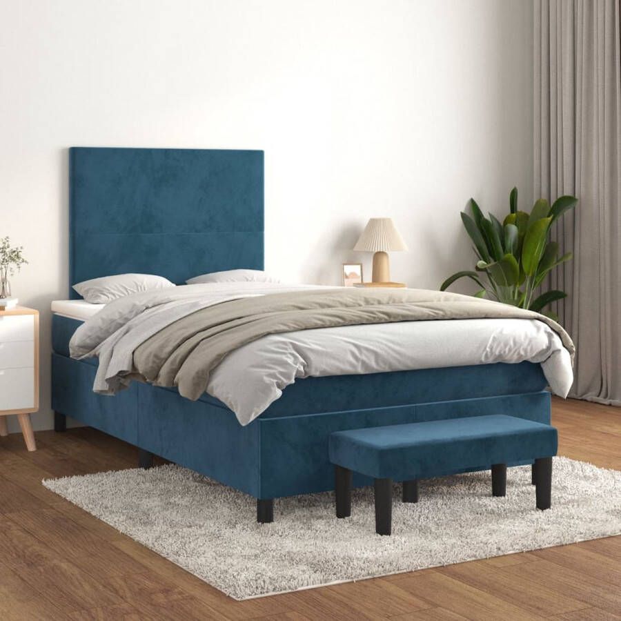 The Living Store Boxspringbed Fluweel Pocketvering Middelharde ondersteuning Huidvriendelijk topmatras Multifunctioneel bankje Donkerblauw 203x120x118 128 cm Boxspringbed Boxspring Tweepersoonsbed Donkere Kleuren Velvet - Foto 2