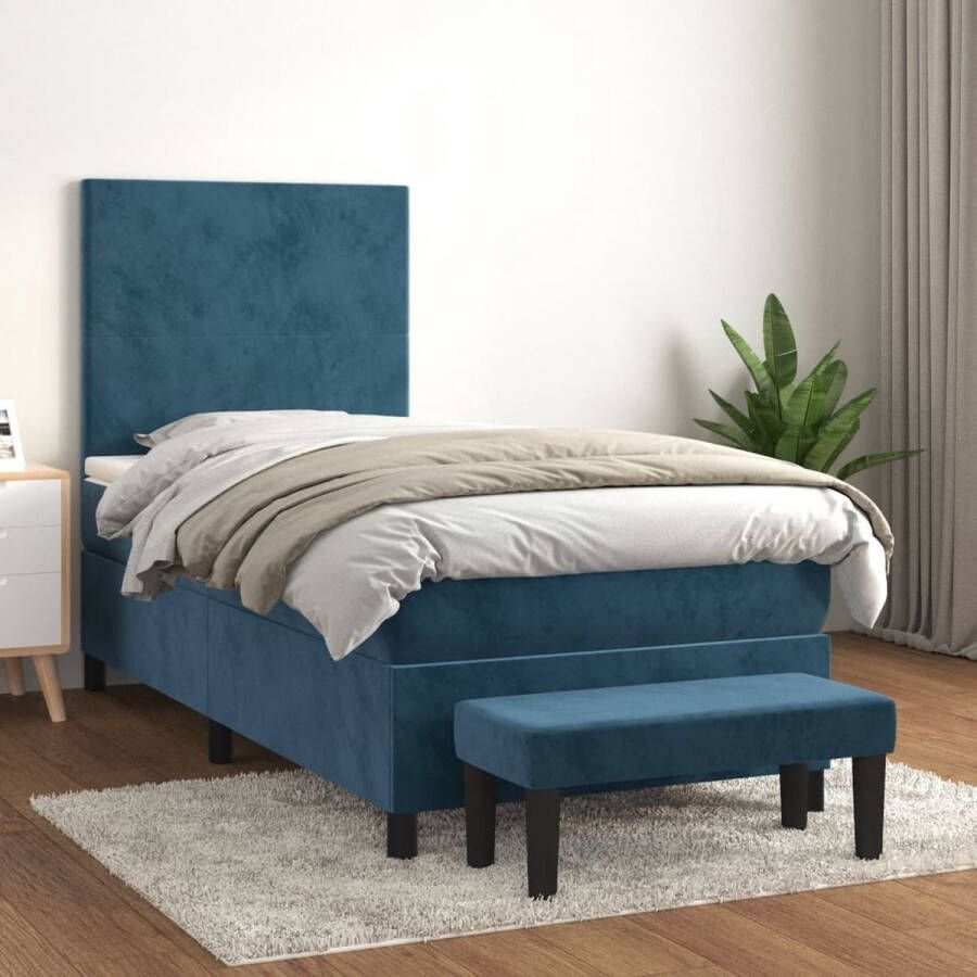 The Living Store Boxspringbed Fluweel Pocketvering Middelharde ondersteuning Huidvriendelijk topmatras Donkerblauw 203x100x118 128 cm Boxspringbed Fluweel Bed Tweepersoonsbed Donkere Kleuren Pocketed Veren Matras - Foto 2