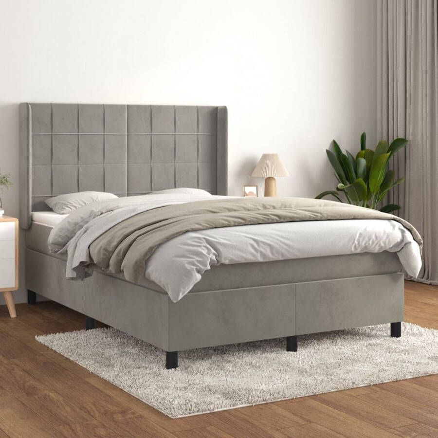 The Living Store Boxspringbed Fluweel Pocketvering Middelharde ondersteuning Lichtgrijs 203 x 147 x 118 128 cm Inclusief matras en topmatras Boxspringbed Fluweel Bed Boxspring Tweepersoonsbed Grijs Bed