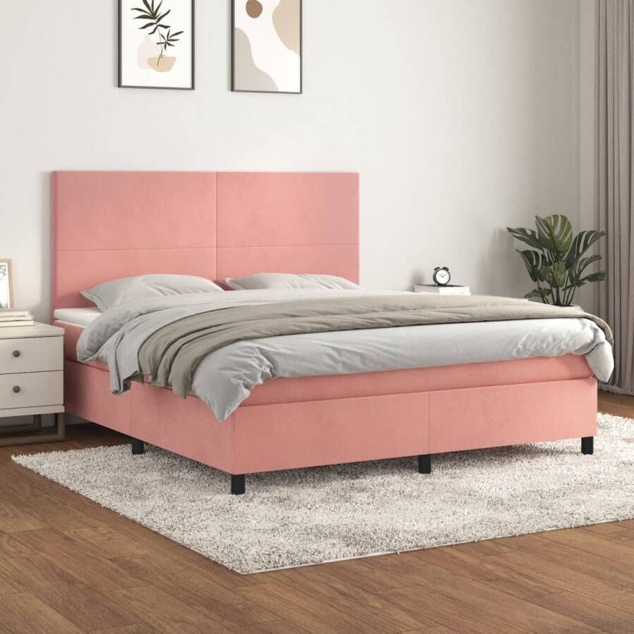 The Living Store Boxspringbed Fluweel Pocketvering Middelharde ondersteuning Roze 203x160x118 128cm Inclusief matras en topmatras Boxspringbed Fluweel Bed Velvet Bed Tweepersoons Bed Rosé Bed - Foto 2