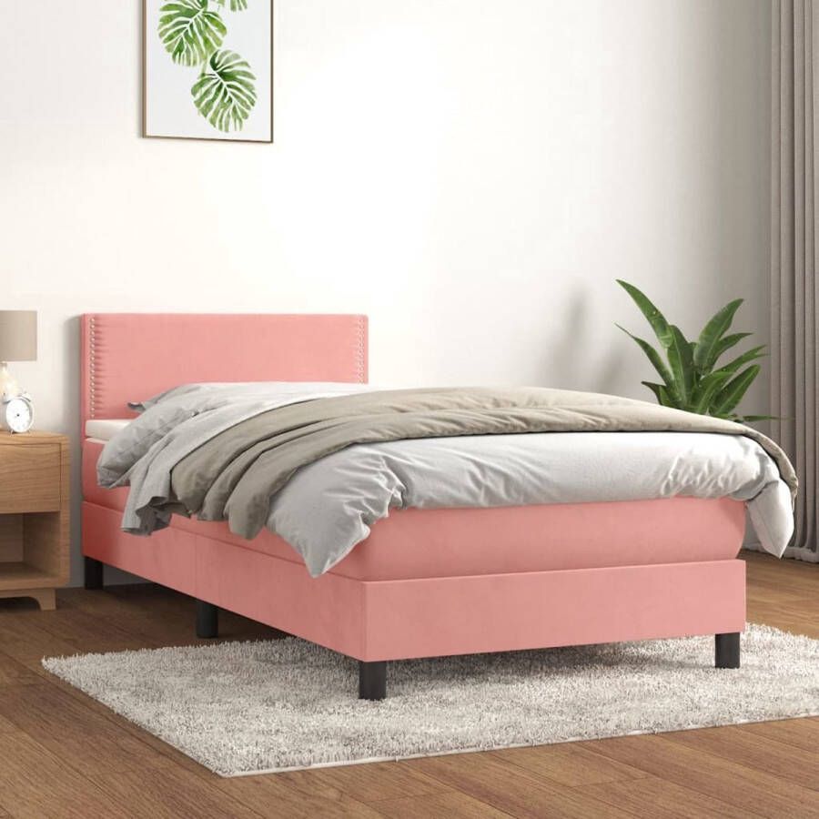 The Living Store Boxspringbed fluweel pocketvering middelharde ondersteuning roze 203x90x78 88 cm met verstelbaar hoofdbord inclusief matras en topmatras