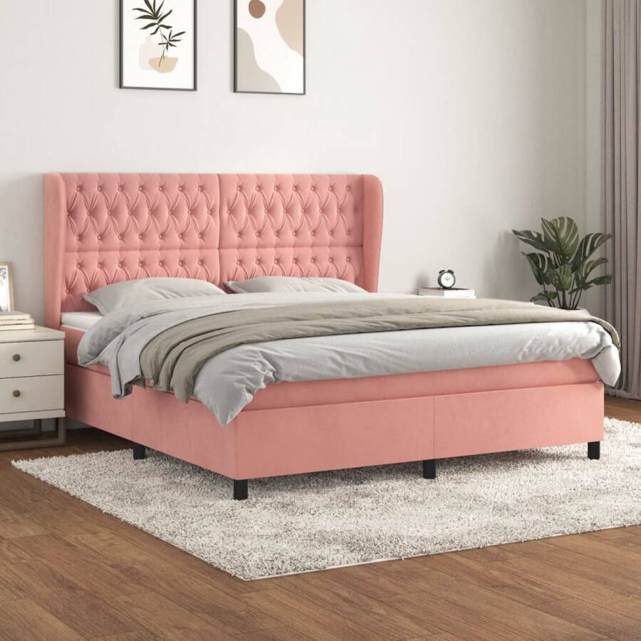 The Living Store Boxspringbed Fluweel Roze 160x200 cm Pocketvering matras Middelharde ondersteuning Huidvriendelijk topmatras