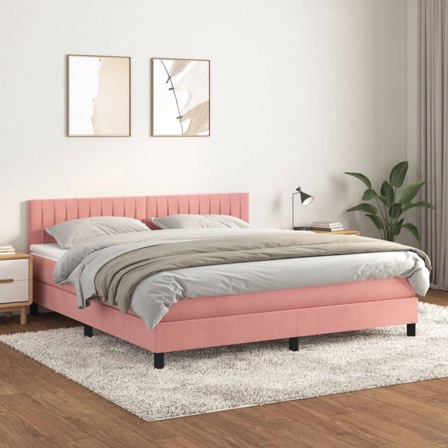 The Living Store Boxspringbed Fluweel Roze 203 x 160 x 78 88 cm Pocketvering matras Middelharde ondersteuning Huidvriendelijk topmatras Montagehandleiding inbegrepen