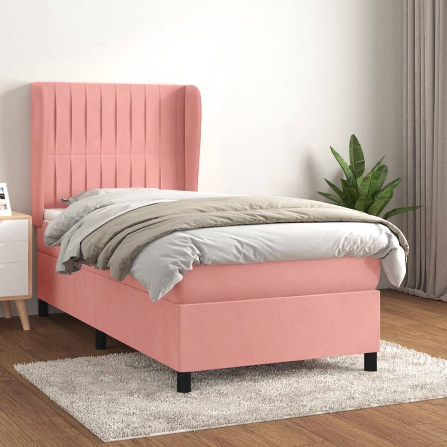 The Living Store Boxspringbed fluweel roze 203 x 93 x 118 128 cm (L x B x H) pocketvering matras middelharde ondersteuning