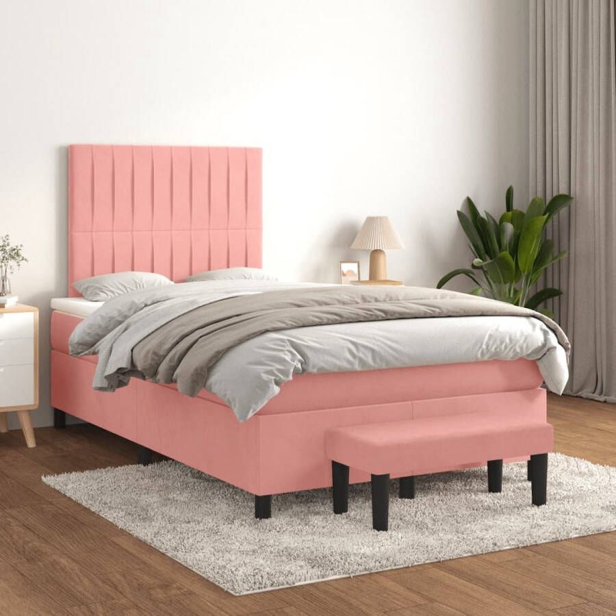 The Living Store Boxspringbed Fluwelen stof Verstelbaar hoofdbord Pocketveringmatras Middelharde ondersteuning Huidvriendelijk topmatras Multifunctioneel bankje Roze 203x120x118 128 cm