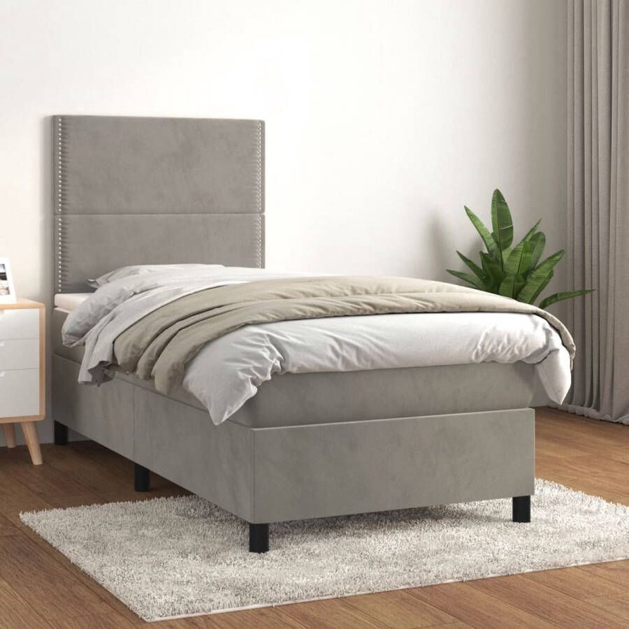 The Living Store Boxspringbed Grijs 203x83x118 128 cm Fluweel Hoofdbord verstelbaar Pocketvering matras Middelharde ondersteuning Huidvriendelijk topmatras Inclusief montagehandleiding